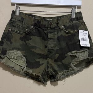 Free People/We The Free Distressed Raw Hem Camo Combo Jean Shorts